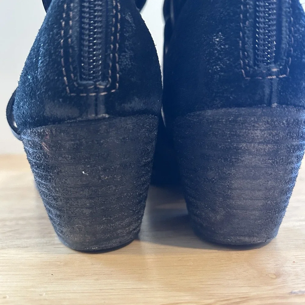 Women Korks Black Leather Suede Buckle Strap Ankle Heeled Boots Booties 8.5‎